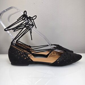 MIA Norine Lace Up Ankle Wrap Flats 7.5 Black Pointed Toe Laser Cut Romantic